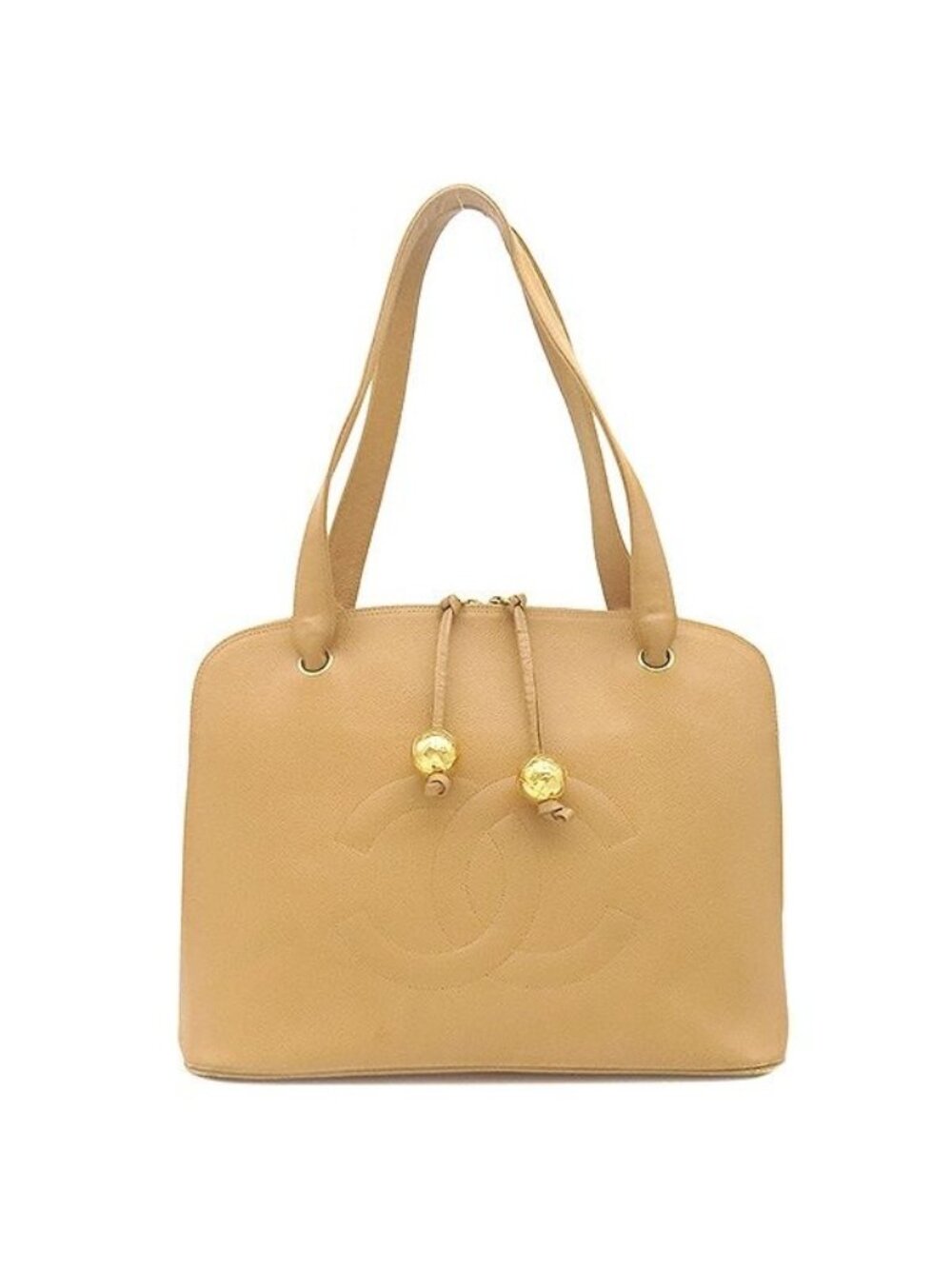 Chanel Tote CC Logo Caviar Leather Beige Gold Coco Ball